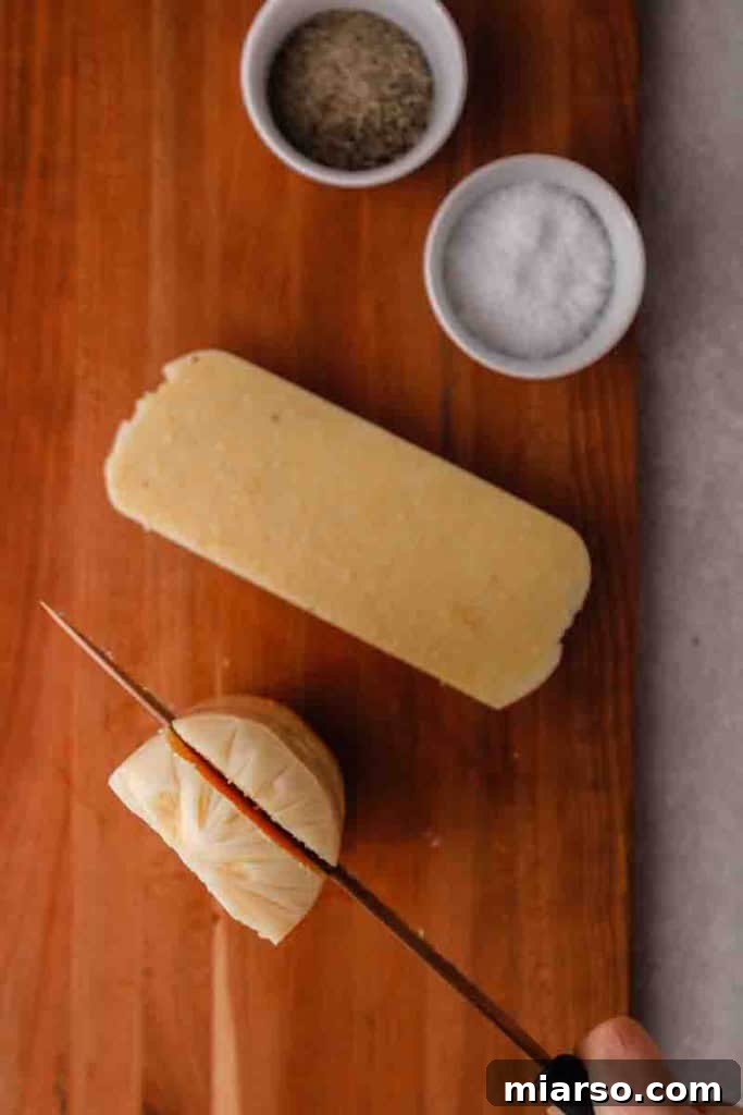 Another image illustrating the proper technique for cutting polenta logs for air frying