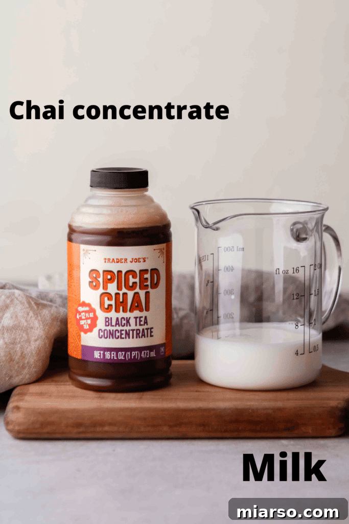 Ingredients for a chai tea latte: milk, chai concentrate, and ice