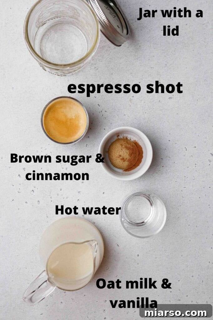 Golden Oat Shaken Espresso 4 Ingredients for homemade brown sugar shaken espresso laid out on a table