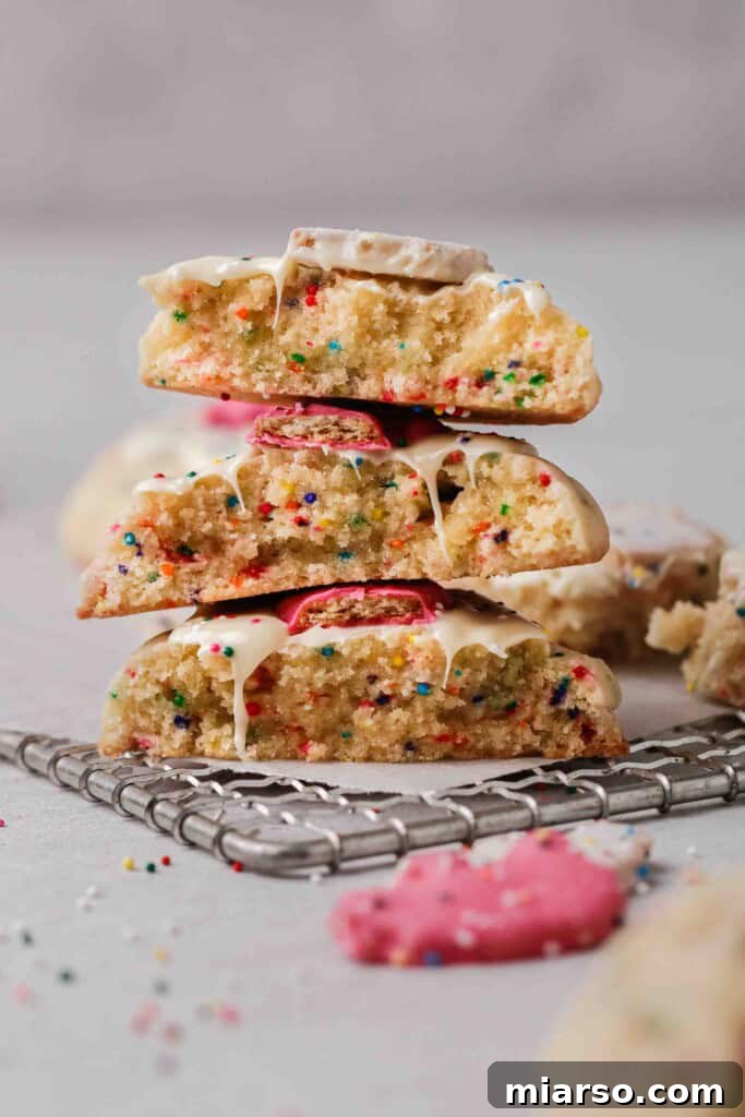 Close up of sugar cookies split in half, showing soft, pink-speckled interior