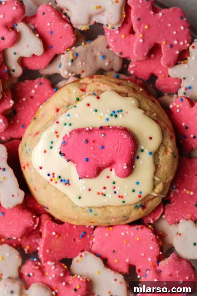 The softest Crumbl Circus Animal Cookies, stacked high and ready to eat