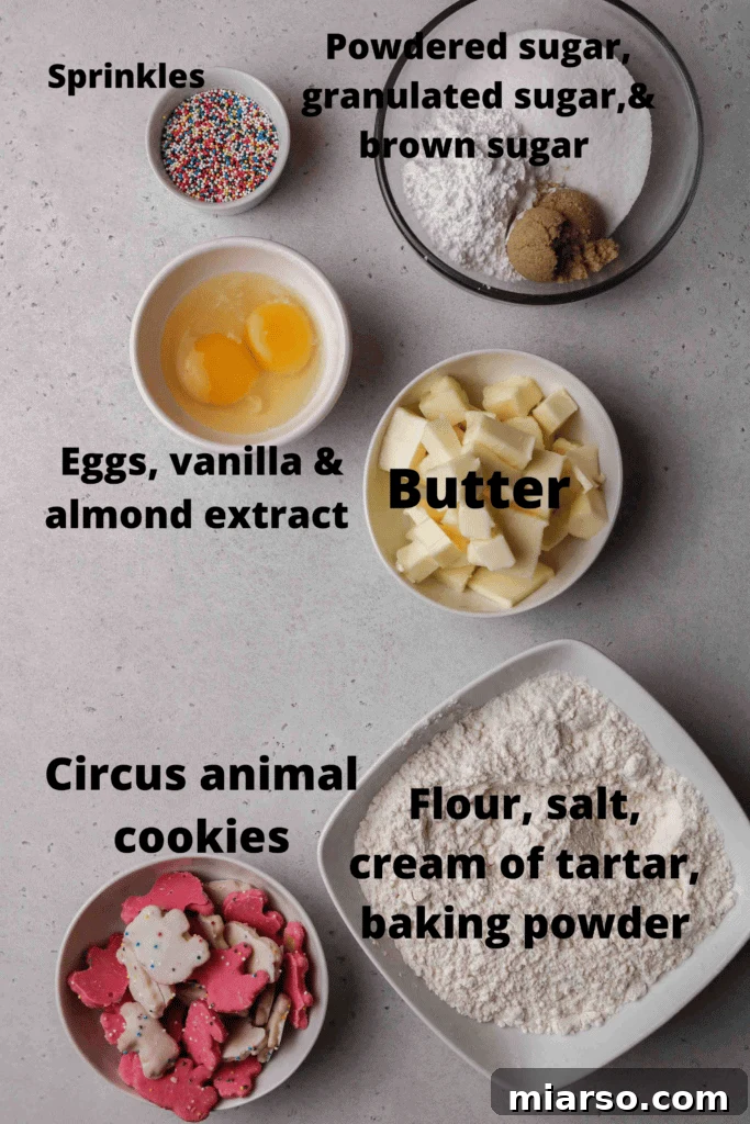 Circus animal sugar cookie ingredients laid out on a table
