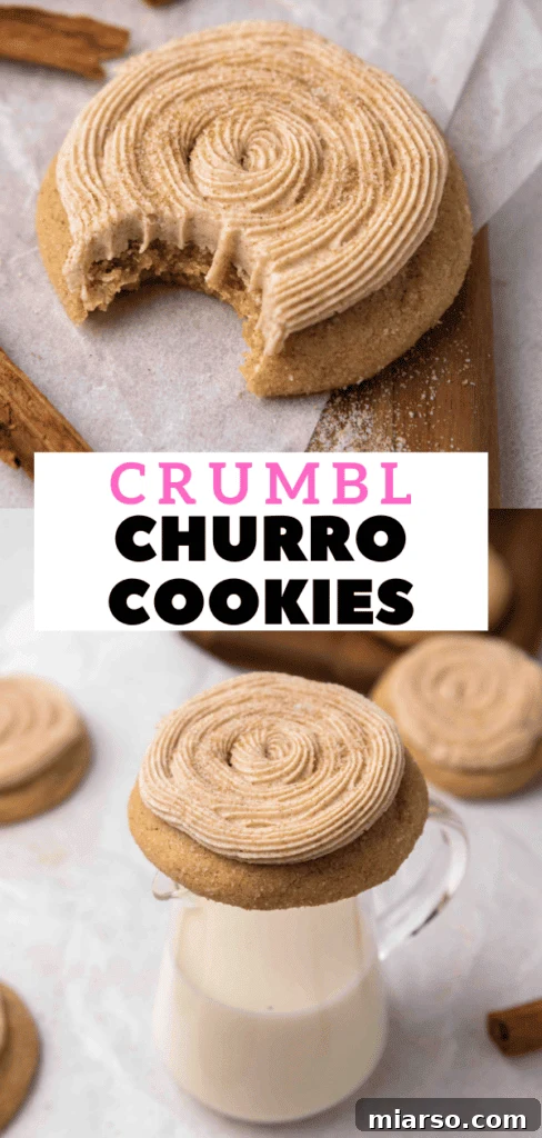 A selection of perfectly baked Crumbl Churro Cookies, garnished with cinnamon buttercream and a sprinkle of sugar.