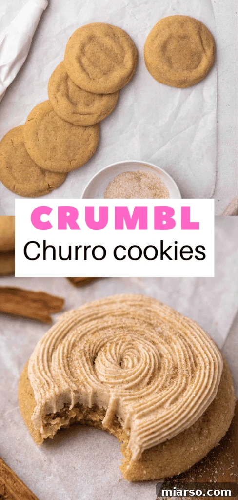 A close-up of a churro cookie with a delicious bite taken out, revealing its soft and tender texture.