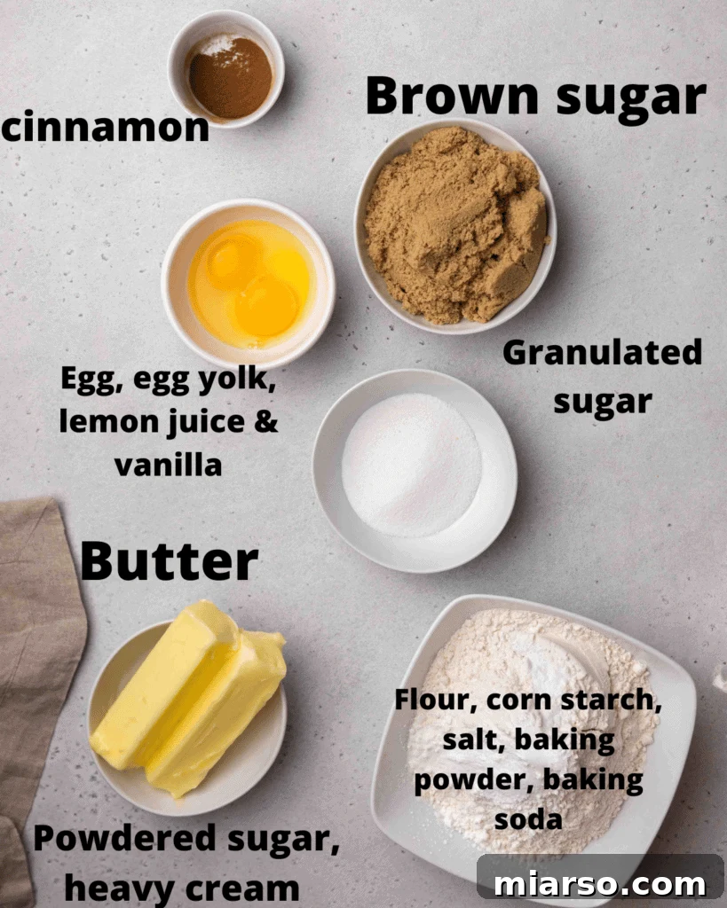 All the essential ingredients neatly laid out for making Crumbl Churro Cookies from scratch.