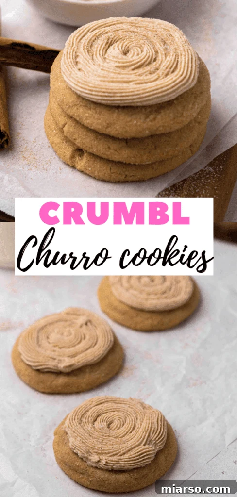 Artistic food photography of a single Crumbl Churro Cookie, highlighting its textures and appealing presentation.