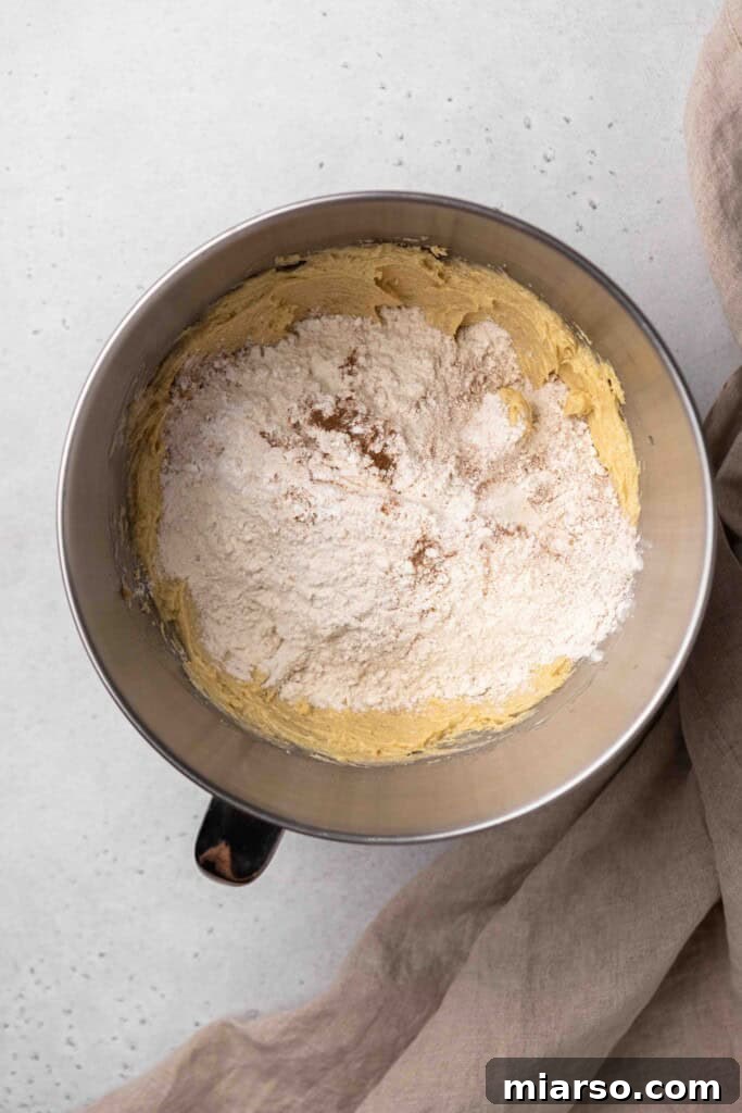 Adding the flour mixture to the creamed butter for the homemade churro cookies.