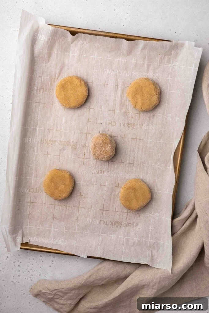 Cinnamon sugar cookie dough balls evenly spaced on a parchment-lined baking sheet.