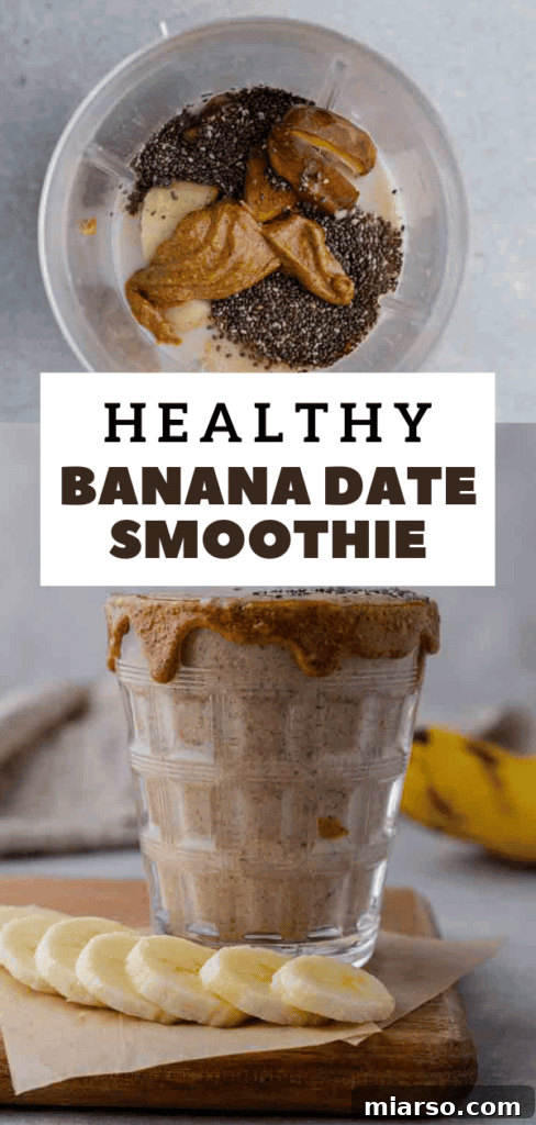 Pin for later: Healthy Banana Date Smoothie with almond butter and chia seeds, rich and creamy