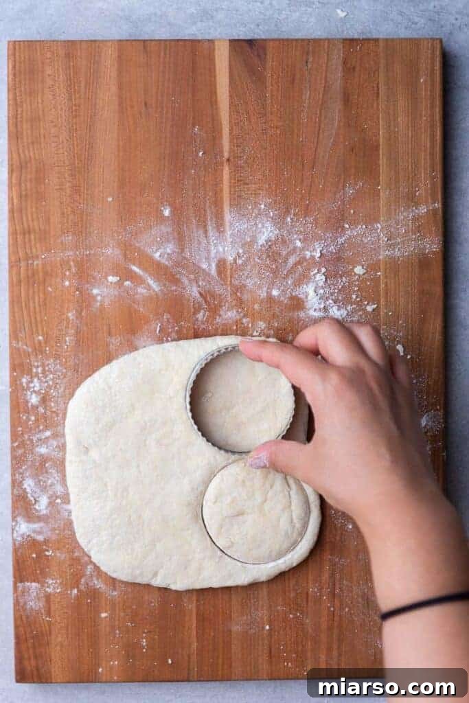 A biscuit cutter pressing down into the dough to form perfectly round biscuits.