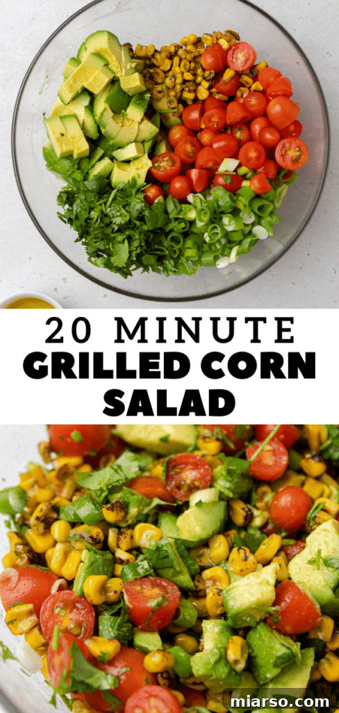 Close up of summer roasted corn salad with avocados