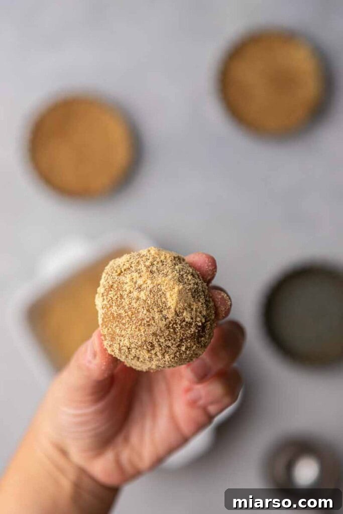 Another shot of a cookie dough ball rolled in graham cracker crumbs, ready for baking.