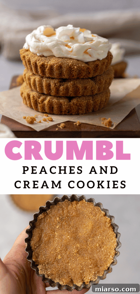 A perfectly baked graham cracker cookie topped with a swirl of peaches and cream, ready to be saved on Pinterest.