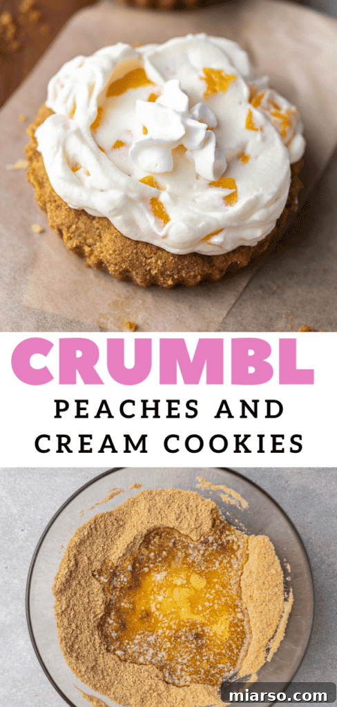 Close-up of a delicious graham cracker cookie featuring luscious peaches and cream, ideal for pinning to your dessert board.