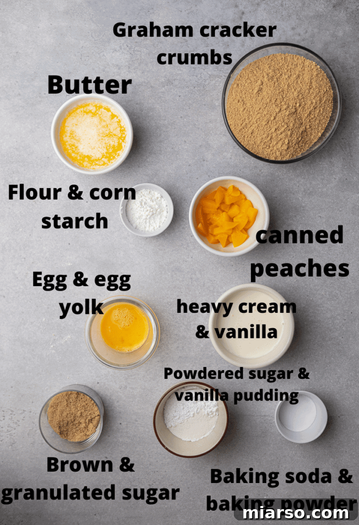 Collection of fresh ingredients for CRUMBL peaches and cream cookies, including graham crackers, butter, peaches, and cream, beautifully arranged for baking.