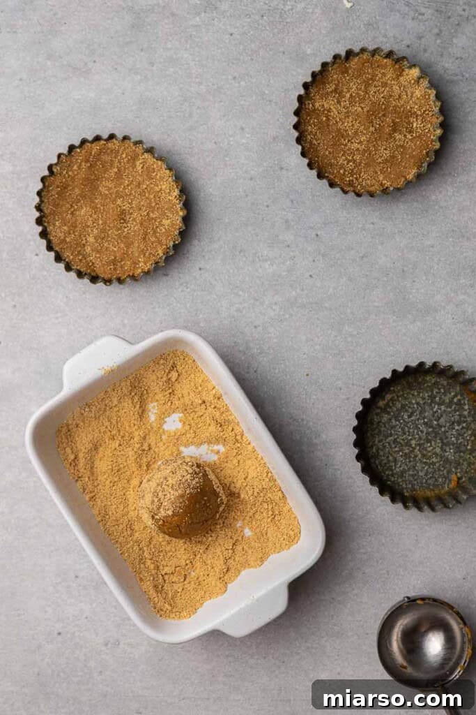 Cookie dough ball rolled in graham cracker crumbs, illustrating the coating process for added texture and flavor.