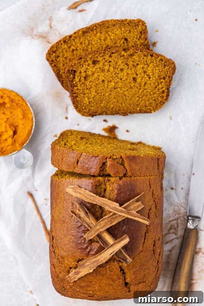 Overhead shot of a full pumpkin bread loaf