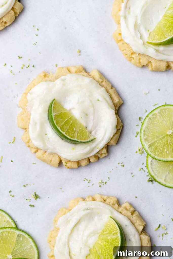 Overhead shot of Crumbl-style lime cookies arranged attractively