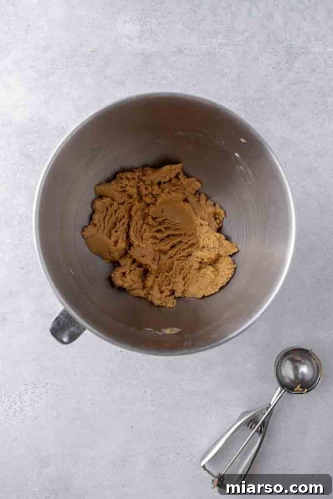 Soft Baked Peanut Butter and Jelly Cookies 7 Peanut butter cookie dough ready in a mixing bowl.