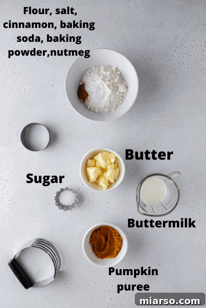 Ingredients laid out for pumpkin biscuits recipe