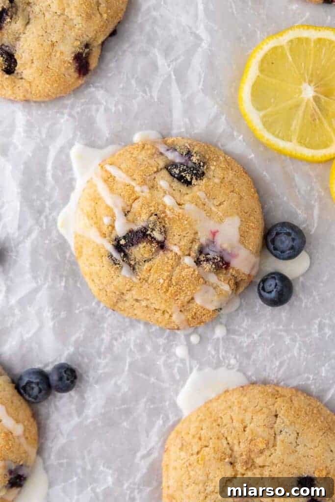 Bakery-Style Soft Blueberry Crumb Cake Cookies 10 overhead close up shot of blueberry cookies