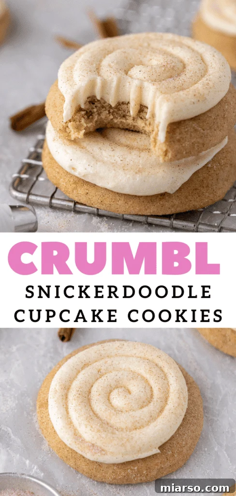 Pinterest pin image: CRUMBL Snickerdoodle Cupcake Cookies with frosting swirl