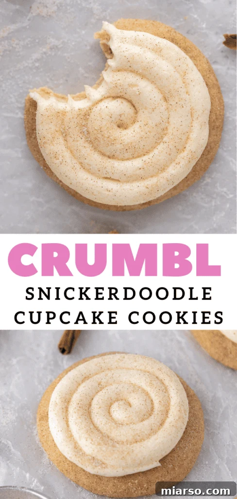 Pinterest pin image: Freshly baked cinnamon snickerdoodle cookies, unfrosted