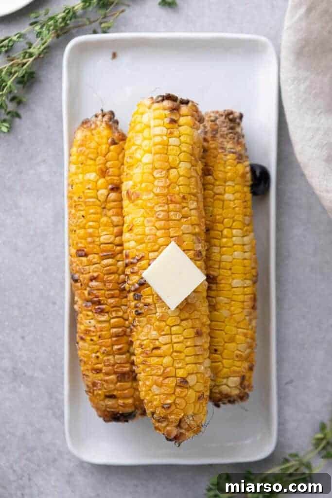 Air Fryer Golden Corn Cobs 8 Easy Air Fryer Corn on The Cob served on a plate