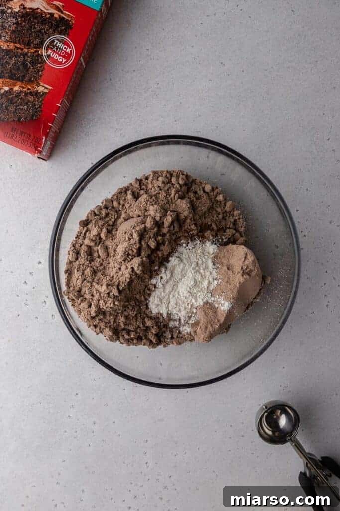 Crumbl's Rich Brownie Batter Indulgence 5 Dry ingredients in a bowl for brownie mix cookies