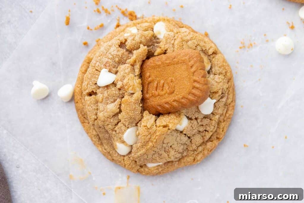 The Best Crumbl Biscoff White Chip Cookies Recipe 5 A single, perfectly baked cookie butter white chocolate chip cookie with half a Biscoff cookie on top, showcasing its thick, inviting appearance.