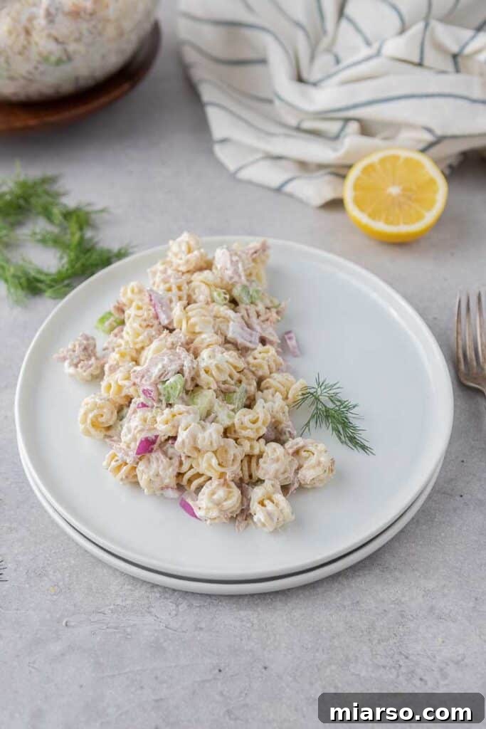 Easy pasta side dish featuring tuna and a creamy dressing