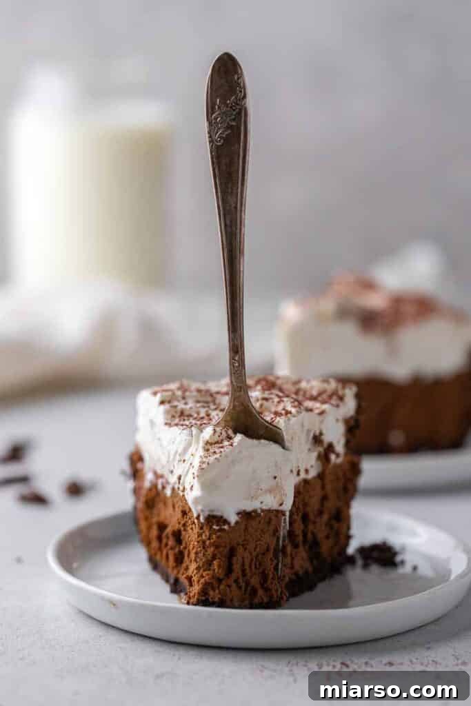 A delectable slice of no bake chocolate pie, showcasing its rich, creamy filling and crisp Oreo crust.