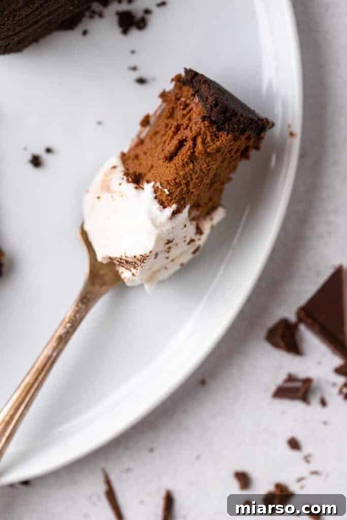 An overhead shot of a fork holding a perfect piece of no-bake chocolate pie, highlighting its layers.
