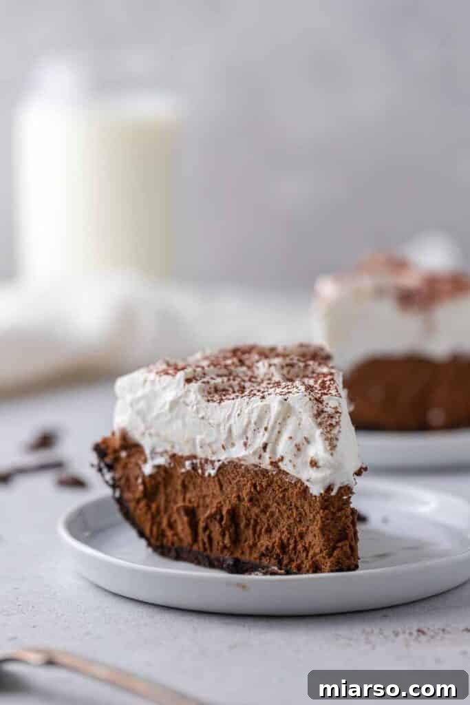 A tempting slice of chocolate pie, showcasing its smooth texture and delightful crust.