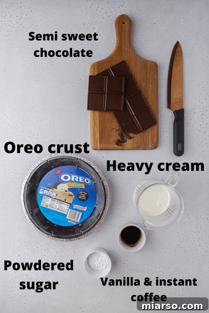 The simple, high-quality ingredients laid out for making the no-bake chocolate pie.