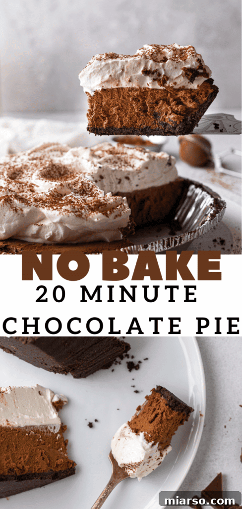 Pin-ready image of a decadent no-bake chocolate pie featuring an Oreo crust.