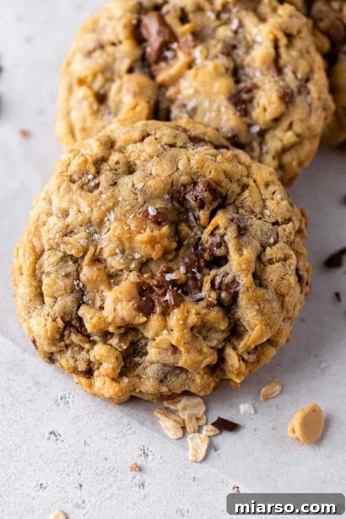 Platter of warm, freshly baked oatmeal chocolate chip cookies, garnished with sea salt.