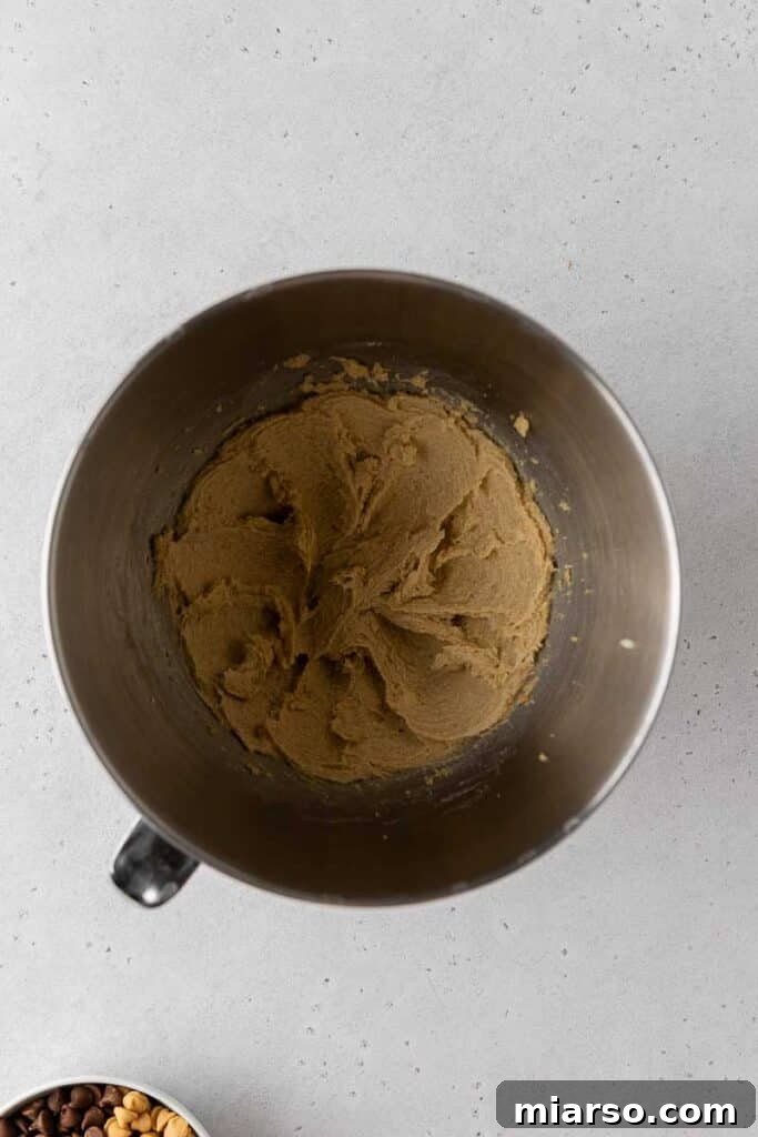 Creamed butter, brown sugar, and granulated sugar in a mixing bowl.