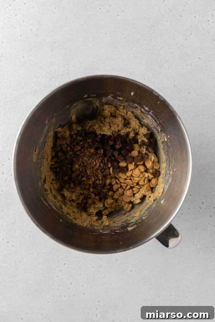 Cookie dough with chocolate chips, peanut butter chips, and toffee bits folded in.