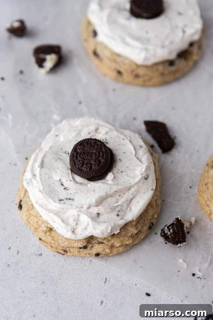 Frosted Crumbl cookies and cream milkshake cookies, close up