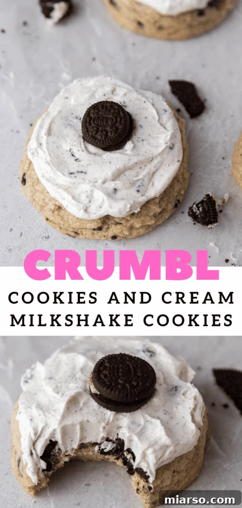 Crumbl cookies and cream milkshake cookies on a cooling rack