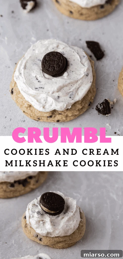 Close-up of frosted Crumbl cookies and cream milkshake cookies