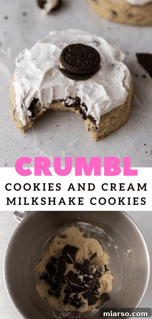 Stack of Crumbl cookies and cream milkshake cookies
