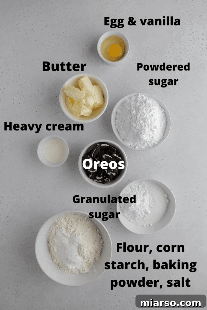 Crumbl cookies and cream milkshake cookie ingredients laid out on a table