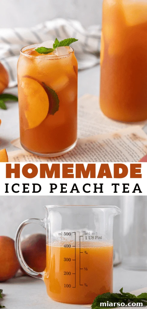A refreshing glass of homemade peach iced tea, perfect for summer hydration and sharing on Pinterest.