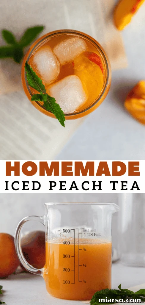 Overhead shot of two glasses of homemade peach iced tea with fresh peach slices, ideal for a Pinterest save.