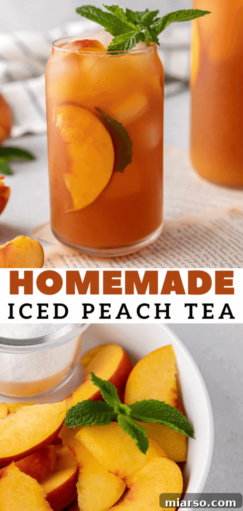 A close-up of a glass of refreshing summer peach iced tea, garnished with fresh fruit, perfect for pinning.
