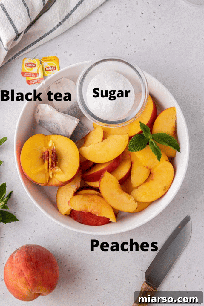 Fresh peaches, black tea bags, and granulated sugar, the three essential ingredients for making delicious homemade peach iced tea.