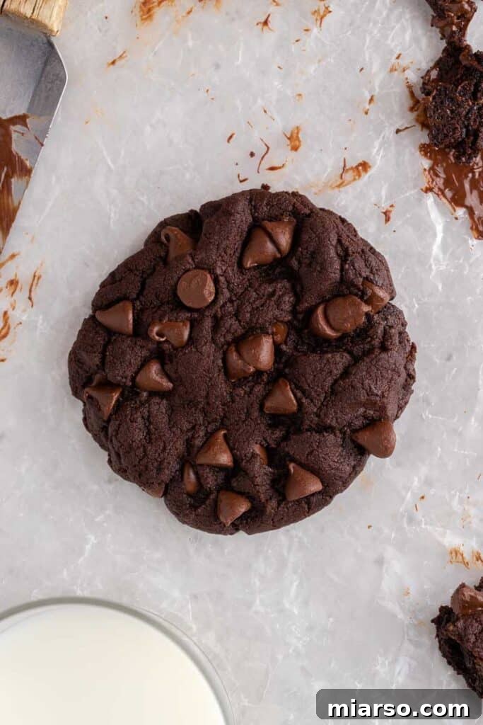 Single Crumbl dark dream chocolate cookie topped with semi-sweet chocolate chips on parchment paper.
