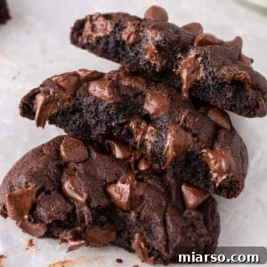 Broken double chocolate cookies with gooey melted chocolate centers.